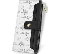 Farcauo Carteras Mujer Monedero Mediano Grande con Diseño de Flores Negras para Mujeres Monedero con Compartimento para DNI y Tarjetero
