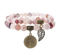 Farfume Bracelet En Pierre Naturelle - Bracelet Perles Naturelles Femme-Ensemble De Deux Bracelets Avec Accessoires Arbre De Vie Et Feuille(Moyen 18,5 cm)