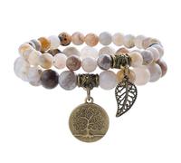 Farfume Bracelet En Pierre Naturelle - Bracelet Perles Naturelles Femme-Ensemble De Deux Bracelets Avec Accessoires Arbre De Vie Et Feuille(Moyen 18,5 cm)