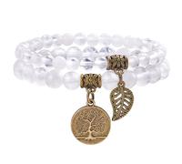 Farfume Bracelet En Pierre Naturelle - Bracelet Perles Naturelles Femme-Ensemble De Deux Bracelets Avec Accessoires Arbre De Vie Et Feuille(Moyen 18,5 cm)