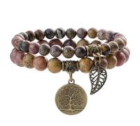 Farfume Bracelet En Pierre Naturelle - Bracelet Perles Naturelles Femme-Ensemble De Deux Bracelets Avec Accessoires Arbre De Vie Et Feuille(Moyen 18,5 cm)