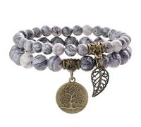 Farfume Bracelet En Pierre Naturelle - Bracelet Perles Naturelles Femme-Ensemble De Deux Bracelets Avec Accessoires Arbre De Vie Et Feuille(Moyen 18,5 cm)