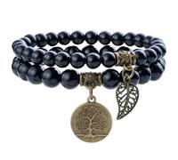 Farfume Bracelet En Pierre Naturelle - Bracelet Perles Naturelles Femme-Ensemble De Deux Bracelets Avec Accessoires Arbre De Vie Et Feuille(Moyen 18,5 cm)