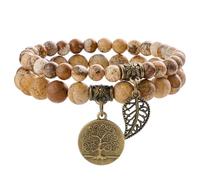 Farfume Bracelet En Pierre Naturelle - Bracelet Perles Naturelles Femme-Ensemble De Deux Bracelets Avec Accessoires Arbre De Vie Et Feuille(Moyen 18,5 cm)