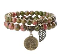 Farfume Bracelet En Pierre Naturelle - Bracelet Perles Naturelles Femme-Ensemble De Deux Bracelets Avec Accessoires Arbre De Vie Et Feuille(Moyen 18,5 cm)