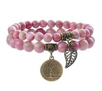 Farfume Bracelet En Pierre Naturelle - Bracelet Perles Naturelles Femme-Ensemble De Deux Bracelets Avec Accessoires Arbre De Vie Et Feuille(Moyen 18,5 cm)