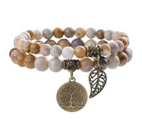 Farfume Bracelet En Pierre Naturelle - Bracelet Perles Naturelles Femme-Ensemble De Deux Bracelets Avec Accessoires Arbre De Vie Et Feuille(Moyen 18,5 cm)