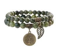 Farfume Bracelet En Pierre Naturelle - Bracelet Perles Naturelles Femme-Ensemble De Deux Bracelets Avec Accessoires Arbre De Vie Et Feuille(Moyen 18,5 cm)