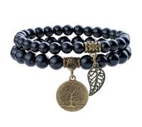 Farfume Bracelet En Pierre Naturelle - Bracelet Perles Naturelles Femme-Ensemble De Deux Bracelets Avec Accessoires Arbre De Vie Et Feuille(Moyen 18,5 cm)