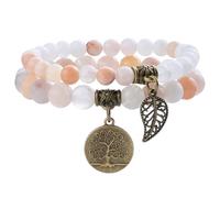 Farfume Bracelet En Pierre Naturelle - Bracelet Perles Naturelles Femme-Ensemble De Deux Bracelets Avec Accessoires Arbre De Vie Et Feuille(Moyen 18,5 cm)