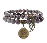 Farfume Bracelet En Pierre Naturelle - Bracelet Perles Naturelles Femme-Ensemble De Deux Bracelets Avec Accessoires Arbre De Vie Et Feuille(Moyen 18,5 cm)