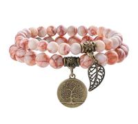 Farfume Bracelet En Pierre Naturelle - Bracelet Perles Naturelles Femme-Ensemble De Deux Bracelets Avec Accessoires Arbre De Vie Et Feuille(Moyen 18,5 cm)