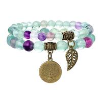 Farfume Chakra Pulseras para Mujer - Cristales Pulsera Mujeres Piedras preciosas naturales Yoga Reiki- Un conjunto de pulseras dobles（Rainbow Fluorita & LifeTree（Mediano）