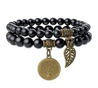 Farfume Chakra Pulseras para Mujer - Pulsera Cristales Mujer Piedras Naturales Yoga Reiki- Un Conjunto de Pulseras Dobles（Turmalina Negra & LifeTree（Mediano）