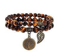 Farfume Pulseras de chakra para mujer - Pulsera de cristales de piedras curativas para mujer Piedras preciosas naturales Yoga Reiki Brazalete - Un juego de pulseras dobles(Piedra de Ojo de Tigre)
