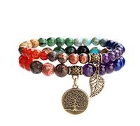Farfume Pulseras de chakra para mujer - Pulsera de cristales de piedras curativas para mujer Piedras preciosas naturales Yoga Reiki Brazalete - Un juego de pulseras dobles(Pulsera de Chakras)