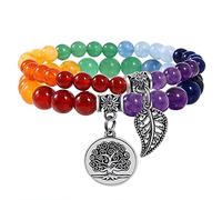 Farfume Pulseras de chakra para mujer - Pulsera de cristales de piedras curativas para mujer Piedras preciosas naturales Yoga Reiki Brazalete - Un juego de pulseras dobles(N2 Siete Chakras)