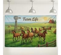 Farm Life - Fondo de pared, diseño rústico de caballo y granero, decoración de fiesta, paisaje de campo verde para interiores y exteriores, fondo de fotos para eventos, 71 x 43 pulgadas