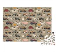 Farm Tractors-Cartoon Rural Scene Puzzle for The Whole Family Tractors on Patterned Background for Women, Gifts for Men Adults & Kids 52x38cm/1000pcs