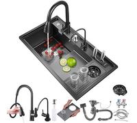 Farmhouse Bar Sink - Grifo de cocina de acero inoxidable negro, 86 x 50 cm - Farmhouse Bar Sink with Single Basin Pull-out Faucet Cup Rinse Soap Dispenser & Complete Drain Set