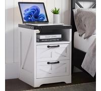 Farmhouse Bedside Table with Fast Charging Station - 2 Drawers, 2 AC Outlets, USB & Type-C Ports, Modern Industrial White Bedside Table for Bedroom Storage, Easy Assembly, Wooden End Table - White