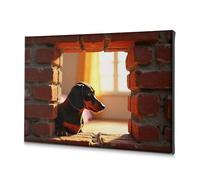 Farmhouse Decor Un perro mira desde un agujero en una pared de ladrillo. Lienzo decorativo para decoración de pared de Pascua (40 x 60 cm)
