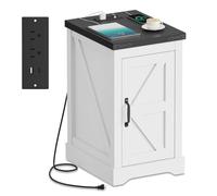 Farmhouse End Table - Charging Farmhouse Side Table with 2 AC Outlets & 2 USB Ports, Bedroom Nightstand with Adjustable Shelf & Cord Management, Modern Bedside Cabinet for Bedroom & Living Room