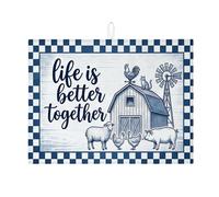 Farmhouse Life Is Better Together - Tapetes de secado de platos para encimera de cocina, tapete absorbente a cuadros azul marino, almohadilla de secado de microfibra rústica para decoración de cocina