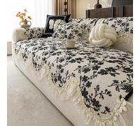 Farmhouse Sofa Cover, Vintage Floral Couch Covers，Non-Slip Sofa Slipcovers | Chenille Sofa Covers For 1 2 3 4 Seater, Leather Sofa Protector For Living Room, Pet Furniture Protect(Black,110x260cm)