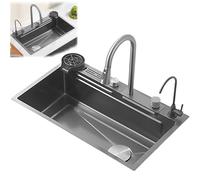 Farmhouse Utility Sink - Waterfall Drop-in/Undermount Kitchen Workstation with Accessories: Sink Grid Strainer Basket Pressurized Cup Washer & Drain Assembly for Modern Kitchens