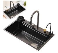 Farmhouse Workstation Sink - Utility Waterfall Kitchen Sink Drop-in/Undermount with Accessories: Sink Grid Strainer Basket Pressurized Cup Washer Drain Assembly for Modern Kitchens