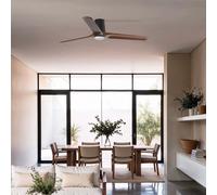 FARO BARCELONA Ventilador de techo LED Heywood L, negro/madera, CC, silencioso