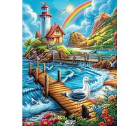 Faro costero con arcoíris Puzzle 300 Piezas Cartón Blanco Premium para Expertos Cuento de Hadas Animal mágico Vacaciones Fines Semana Hobby Y Ocio Regalo Navideño 300 PCS