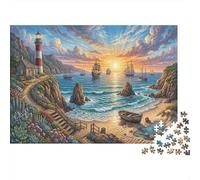 Faro de Costa del atardecerRompecabezas Clásico De 1000 Piezas Cartón Reciclado Barcos Altos Coordinación Ojo-Mano, Tiempo Libre, Regalo De Cumpleaños para Adolescentes 12+ 52x38cm/1000pcs