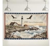 Faro de fondo del Día de la Independencia, diseño escénico costero vintage, fondo de celebración rojo, azul y beige, para eventos patrióticos, decoración de verano, 71 x 43 pulgadas