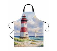 Faro De Playa, Costa, Océano, Barco, Cielo, Pintura Al Óleo Delantal Unisex Delantal Cocina Repelente Al Aceite Delantales para Cafetería Hornear Jardinería 70X84cm