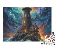 Faro en Acantilado Rompecabezas de 1000 Piezas Difícil para Adultos Arte de Faro en Tormenta Nocturna Cósmica Premium Robusto Vibrante Alivio de Estrés Juego 52x38cm/1000pzs