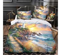 Faro en la Costa rocosa Juego De Ropa De Cama para Sea Sunset Sky,Funda Nórdica Y Fundas De Almohada Funda De Edredón De Microfibra Impresa En 3D para Niños Y Niñas,Super King(260x220cm)