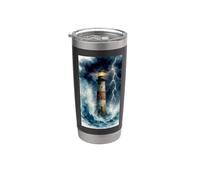 Faro en la tormenta con un rayo Paisaje Marino Dramático Vaso térmico de acero inoxidable de doble pared