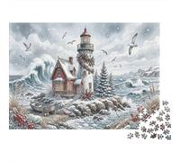 Faro Rojo y blancoRompecabezas Clásico De 1000 Piezas Cartón Reciclado Costa de Invierno Coordinación Ojo-Mano, Tiempo Libre, Regalo De Cumpleaños para Adolescentes 12+ 52x38cm/1000pcs