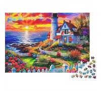 Faro Rompecabezas de 1000 Piezas para Adultos, Faro con cabaña Junto al mar al Atardecer y Flores, desafiante difícil Premium Grueso Resistente Vibrante, Alivio estrés, 70x50cm/1000pcs