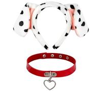 Faroby 2 unids/Set Diadema con Orejas de dálmata y Gargantilla de Cuero Orejas de Perro esponjosas Collar Ajustable Colgante de corazón para Cosplay