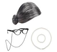 Faroby Disfraz de Abuela Conjunto de Disfraz de 100 días de Escuela con Peluca de anciana, Gafas y Accesorio de Perlas, Peluca de Abuela
