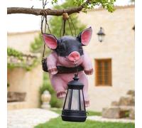 Farol colgante de jardín de cerdo, soporte de luz solar, estatua decorativa de animales al aire libre con cuerda