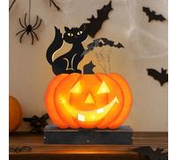 Farol decorativo de calabaza con luz LED, decoración de calabaza de Halloween, decoración de madera, decoración de Halloween, luz de calabaza con gato, farol de calabaza, decoración de mesa, lámpara