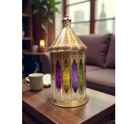 Farol Decorativo de Metal, Diseño Marroquí, Multicolor, con Paneles de Vidrio Tintado, 40 x 20 cm, Lámpara para Vela de Mesa Estilo Linterna (40 * 20 CMS)