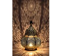 Farol Oriental de Metal Lamis Dorado 30 cm | Portavelas marroquí de jardín | Farol de Metal marroquí para Exterior como Farol de jardín o Interior como lámpara de Mesa