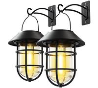 Farol solar colgante con luces solares para exteriores, linterna de pared de metal impermeable con ganchos, luces de pared al aire libre para porche, patio, jardín, no requiere cableado, paquete de 2
