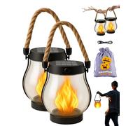Farol solar oficial para exteriores con llama bailando, cuerda de cáñamo impermeable, luces solares parpadeantes para exteriores con modos de carga duales de energía solar y USB para jardín y patio (2