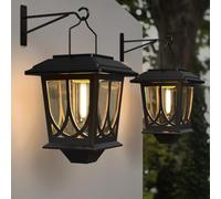 Faroles solares impermeables para exteriores, paquete de 2 unidades, luces solares LED colgantes de vidrio con soporte de pared para valla de patio, gallinero, invernadero, color negro